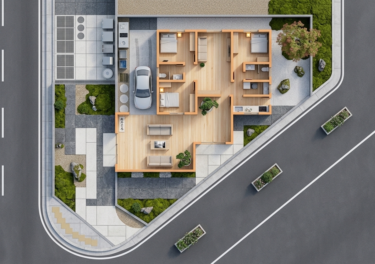 An incredibly lifelike, richly detailed, photorealistic top-down architectural photograph of a Japanese Zen single-story residence and its surrounding minimalist courtyard set in a quiet suburban corner plot. The scene is illuminated by soft, diffused morning daylight streaming through generous windows paired with subtle, warm interior ambient lights, creating a tranquil, balanced, and serene wabi-sabi atmosphere. Captured with a high-resolution medium format camera and a sharp tilt-shift lens, emphasizing the rich natural grain of light-toned hardwood flooring, smooth matte neutral walls, and lush green landscaping. Inside, the open-plan central living space reveals low-profile handcrafted wooden furniture, uncluttered surfaces holding an open art photography book, potted indoor bonsai, and striking black Japanese calligraphy wall art, while the surrounding master bedrooms, streamlined kitchen, and modern carport with a sleek sedan integrate harmoniously into the uncluttered, peaceful layout.