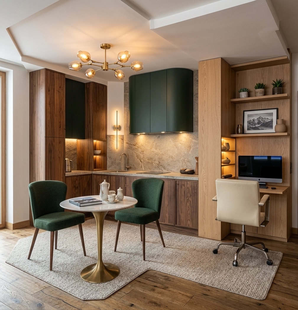 An incredibly lifelike, richly detailed, photorealistic wide-angle interior photograph of a compact kitchenette and integrated home office set in a cozy, rustic mountain escape. The scene is illuminated by the warm, amber glow of a contemporary branched chandelier and subtle recessed under-cabinet lighting, creating an inviting, cabin-inspired atmosphere. Captured with a full-frame camera and a 24mm tilt-shift lens, emphasizing the tactile textures of rugged wood grains, polished stone, and soft upholstery. In the foreground, an elegant round bistro table is surrounded by two comfortable dining chairs upholstered in deep forest green, topped with a delicate ceramic tea service and a coffee-table mountain photography book. Seamlessly integrated to the right, a bespoke natural oak workstation features an ultra-thin desktop computer, an ergonomic cream-leather swivel chair, and built-in shelving tastefully decorated with potted alpine succulents, framed mountain range wall art, and warm neutral accents that perfectly harmonize with the deep green and rich brown cabinetry of the kitchen.