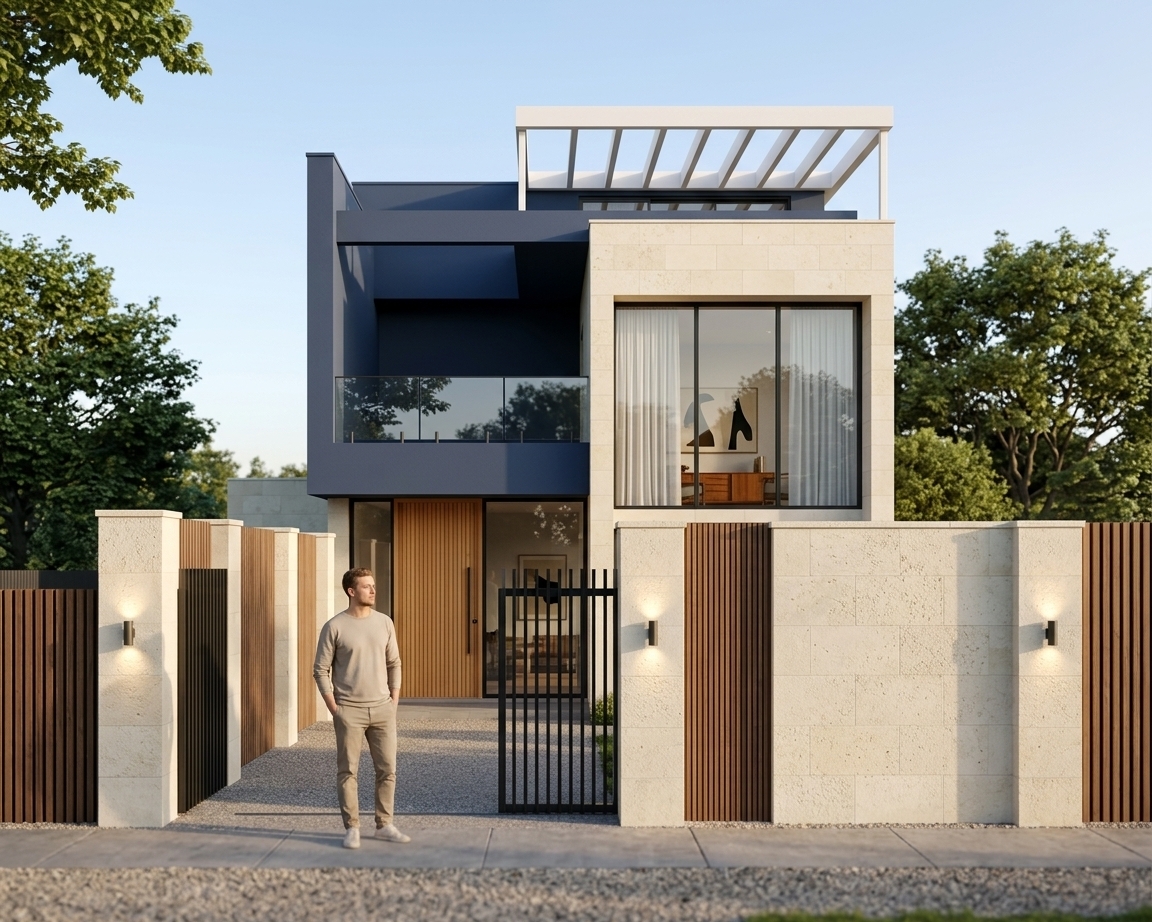 An incredibly lifelike, richly detailed, photorealistic eye-level architectural shot of a sleek two-story modern residence set in a serene, leafy residential enclave. The scene is illuminated by crisp, warm morning sunlight that casts gentle geometric shadows across the facade, paired with subtle warm LED sconces on the perimeter wall, creating an inviting, sophisticated, and tranquil atmosphere. Captured with a professional tilt-shift architectural lens, emphasizing the fine texture of travertine-clad masonry, rich walnut and teak accents, smooth navy-blue stucco, and immaculate matte-black metal finishes.

The building’s architecture combines clean rectilinear volumes and mid-century modern sensibilities with timeless, linear elegance. The upper level features a cantilevered navy-blue volume seamlessly transitioning into an open terrace with minimalist glass balustrades and an integrated planter bursting with lush, cascading greenery. Beside it, a solid, textured cream-stone block frames floor-to-ceiling sliding glass doors draped in light sheer curtains. A sleek white open-beam pergola caps the upper roofline, adding functional, airy rhythm.

At ground level, a grand vertical-slat timber entry door in warm natural oak sits flanked by dark-framed floor-to-ceiling windows. Through the clear glazing, glimpses of a curated interior reveal mid-century modern aesthetic touches, including abstract canvas art in muted terracotta, burnt orange, and slate blue, accompanied by clean-lined teak furniture and architectural indoor foliage. 

The foreground is defined by a striking perimeter fence featuring alternating textured limestone pilasters and vertical walnut wood slats illuminated by sleek up-and-down exterior lighting. A black powder-coated vertical-bar security gate provides partial transparency into the driveway. Standing casually outside the gate, a lone male figure in neutral casual wear adds lifestyle context and a true sense of architectural scale. Flanking mature deciduous trees and a clear, soft-gradient blue sky complete this polished, editorial photography-book presentation.