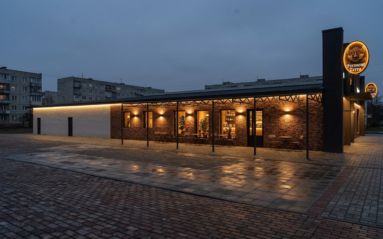 A photorealistic evening photograph of the restaurant building, precisely preserving the geometry, perspective, and architectural composition. The rough red brick facade and black metal canopy are bathed in warm architectural spotlights and soft glow from the illuminated Ferment Terra signage and windows. Cozy outdoor dining tables and chairs are arranged under the terrace canopy, while a few passing pedestrians add life to the paved foreground. In the distant twilight background, five-story Khrushchev-era residential apartment buildings blend into the dusk sky. Shot at blue hour with rich atmospheric lighting, subtle ground reflections, and authentic photographic depth.
