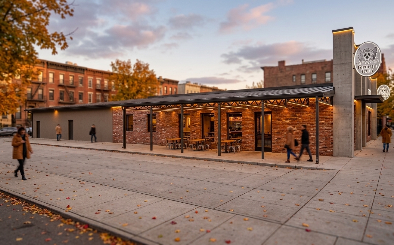 An incredibly lifelike, richly detailed, photorealistic eye-level exterior shot of the "Ferment Terra" craft restaurant and brewery set in an urban neighborhood during a crisp autumn evening. The scene is illuminated by the radiant golden hues of a setting sun paired with warm architectural downlights grazing the textured red brick facade and glowing circular illuminated signage, creating an inviting and lively atmosphere. Captured with a professional full-frame camera and a sharp 35mm wide-angle lens, emphasizing the tactile brickwork, dark industrial steel canopy trusses, and sleek tinted glass windows. Beneath the covered terrace, stylish industrial loft wooden dining tables and metal chairs are arranged, welcoming guests under gentle ambient string lights, while casual pedestrians in fall coats stroll along the paved sidewalk. In the soft-focus background, nostalgic five-story residential apartment blocks peek through golden autumn foliage against the twilight sky, grounding the modern venue in a rich, authentic city context.