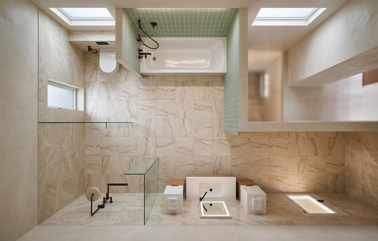 An incredibly lifelike, richly detailed, photorealistic high-angle architectural photograph of a spacious bathroom layout set in a modern fusion residence. The scene is illuminated by soft, diffused daylight pouring in from a pair of sleek rectangular clerestory windows positioned high under the ceiling, blending with subtle warm recessed lighting to create an airy, serene, and luxurious spa-like atmosphere. Captured with an ultra-wide tilt-shift lens on a professional full-frame camera, emphasizing the delicate organic veining of the large-format beige marble floor tiles, matte black designer plumbing fixtures, and smooth porcelain surfaces. Preserving the exact layout, the composition showcases a clean white bathtub framed by soft-green textured wall tiles at the upper section, an enclosed minimalist floating toilet niche, and a contemporary low vanity area accented with warm natural wood elements, crisp white consoles, and sleek illuminated vanity mirrors.