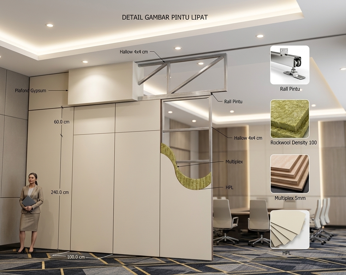 An incredibly lifelike, richly detailed, photorealistic wide-angle interior shot of a modern fusion ballroom and executive meeting room set in a luxury contemporary convention center. The scene is illuminated by warm-white recessed spotlights and sleek indirect linear cove lighting, creating an elegant, professional, and tranquil atmosphere. Captured with a 35mm tilt-shift architectural lens, emphasizing the fine, velvety matte-cream HPL finish of the expansive movable folding partition wall, slim dark framing accents, and seamless integration into the crisp white gypsum ceiling bulkhead. The composition showcases the human scale of the 3-meter tall soundproof partition, beautifully complemented by high-end geometric carpet textures, minimalist acoustic wall paneling, and sophisticated modern boardroom furnishings.
