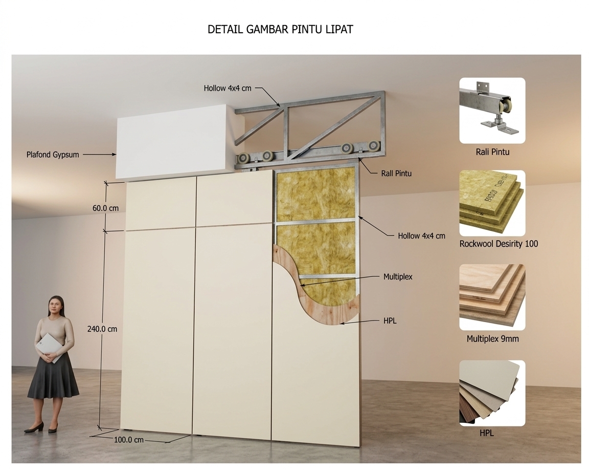 An incredibly lifelike, richly detailed, photorealistic architectural cutaway rendering of a modern acoustic folding partition system designed for a church ballroom and multi-purpose hall set in a contemporary architectural studio interior. The scene is illuminated by clean, soft-box studio lighting combined with warm ambient fill, creating a bright, sophisticated, and technically precise atmosphere. Captured with a sharp 50mm perspective lens at eye level, emphasizing the layered materials, matte cream High-Pressure Laminate (HPL) finish, dense golden-yellow Rockwool insulation, 9mm multiplex substructure, and the sturdy 4x4 cm steel hollow frame suspended from an overhead sliding roller track integrated into a crisp white gypsum ceiling.