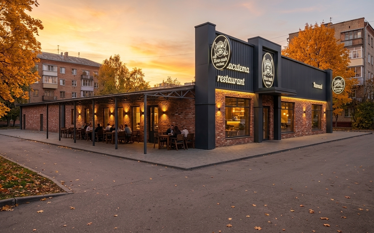 An incredibly lifelike, richly detailed, photorealistic wide-angle exterior architectural photo of a modern industrial-loft restaurant with a lively summer terrace set in a cozy urban neighborhood during early autumn. The scene is illuminated by the warm, dramatic glow of a golden sunset in the twilight sky paired with elegant architectural facade up-lighting, glowing corporate logos, and soft interior ambient lights, creating a warm, inviting, and atmospheric mood. Captured with a professional full-frame DSLR and a 24mm tilt-shift lens, emphasizing the rich textures of weathered red brickwork, matte charcoal corrugated metal siding, and crisp dark steel framing. Underneath the spacious covered patio, guests sit conversing around wooden outdoor dining tables, while vibrant golden-orange autumn trees frame the building, with classic five-story brick Khrushchyovka apartment blocks visible in the soft-focus urban background.