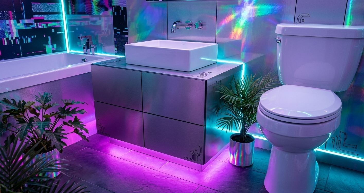 An incredibly lifelike, richly detailed, photorealistic wide-angle interior shot of a futuristic techno-wonderland bathroom set in a luxury urban residence on a crisp winter night. The scene is illuminated by vibrant neon under-glows, cool cyan LED strip lighting, and dynamic holographic projections, creating a playful, surreal, and deeply immersive atmosphere. Captured with a 28mm wide-angle lens on a full-frame digital camera, emphasizing crisp digital glitch-art wall murals, high-gloss reflective surfaces, and chrome metallic finishes. The central vanity features modular metallic and high-grade composite panels beneath a crisp white rectangular vessel sink with a sleek, chrome wall-mounted fixture reflecting vivid ambient hues. Flanking the vanity, the deep bathtub paneling gleams in moody contrasting tones on the left, while a pristine porcelain toilet stands on seamless slate flooring to the right, perfectly complemented by subtle techno-inspired detailing and vivid tropical indoor plants thriving under neon glow.