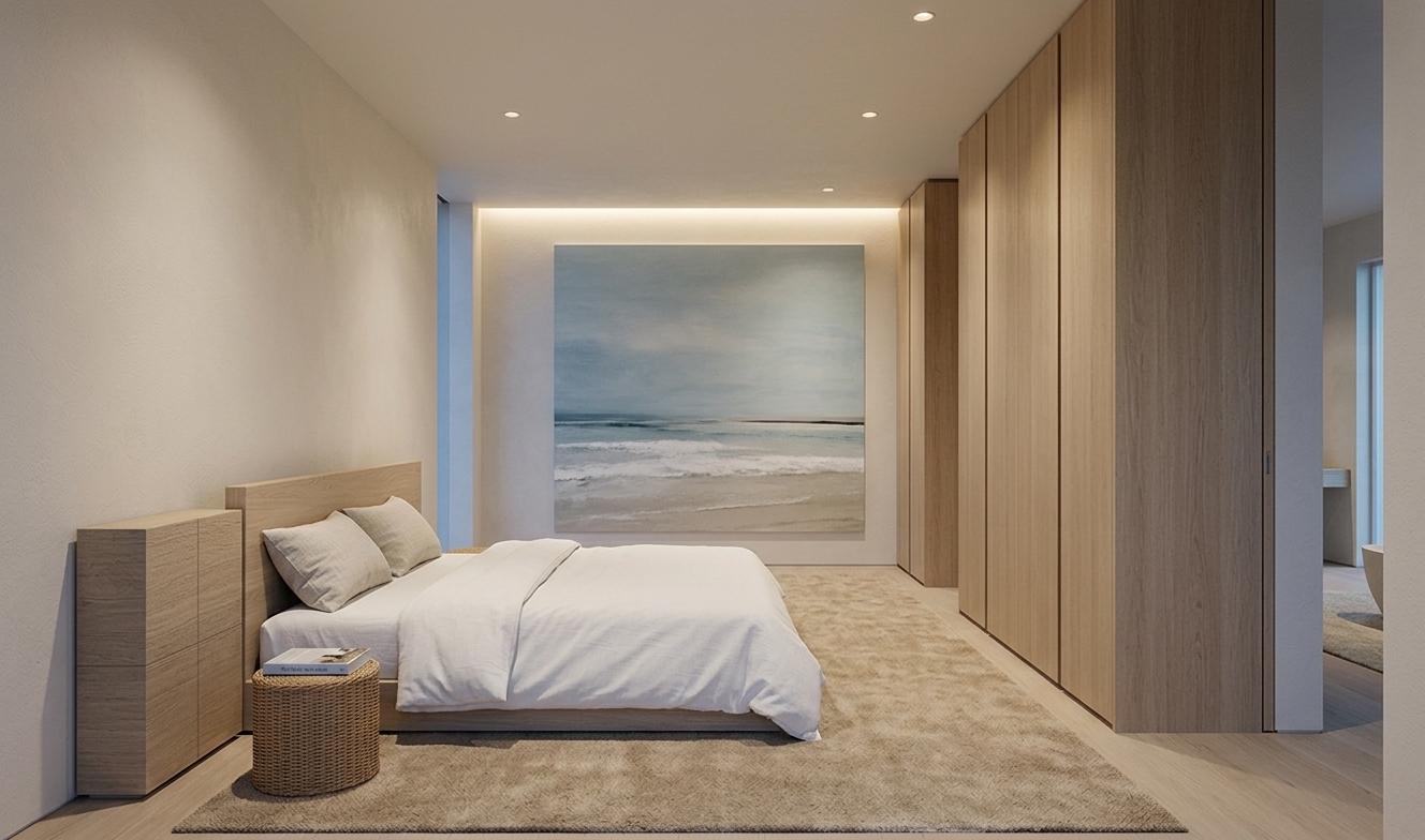 An incredibly lifelike, richly detailed, photorealistic wide-angle interior shot of a coastal master bedroom suite set in an oceanfront autumn retreat at night. The scene is illuminated by gentle, warm recessed architectural lighting and the soft, cool glow of ambient moonlight, creating an airy, serene, and deeply relaxing atmosphere infused with the feeling of a crisp coastal breeze. Captured with a professional 24mm tilt-shift lens, emphasizing the rich textures of woven wicker, natural bleached-oak cabinetry, crisp white linen bedding, and a plush sand-colored area rug. On the center wall hangs a large, minimalist seascape artwork rendered in muted coastal blues and sandy neutrals, while the cylindrical bedside stool holds a curated photography book beneath uncluttered surfaces. Sleek, floor-to-ceiling wooden wardrobes run along the right wall with clean vertical reveals, harmonizing seamlessly with subtle coastal decor and the understated, inviting nautical charm of the open space.