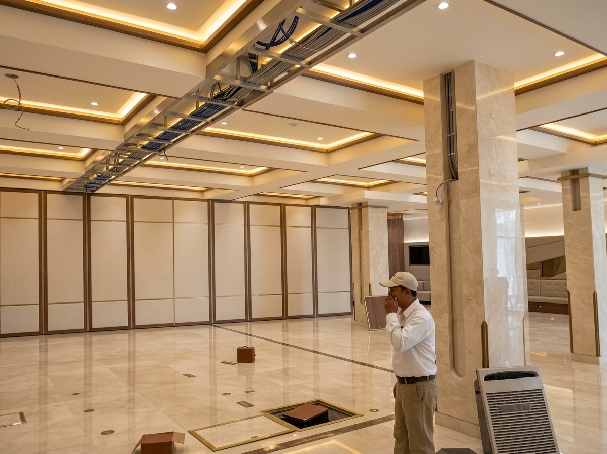 An incredibly lifelike, richly detailed, photorealistic wide-angle interior shot of a fully finished modern fusion church ballroom and versatile meeting hall set in an upscale contemporary facility. The scene is illuminated by warm, concealed geometric LED cove lighting embedded within multi-layered ceiling coffers, complemented by soft recessed spotlights that cast clean, luminous reflections across high-gloss polished marble tiles, creating a welcoming, serene, and sophisticated atmosphere. Captured with an architectural 24mm lens, emphasizing the realistic, high-end acoustic folding partition doors upholstered in textured cream fabric with sleek walnut and brushed gold trimming, elegant marble-clad structural pillars, and seamlessly integrated modern finishes crafted for community fellowship, meetings, and sacred celebrations.