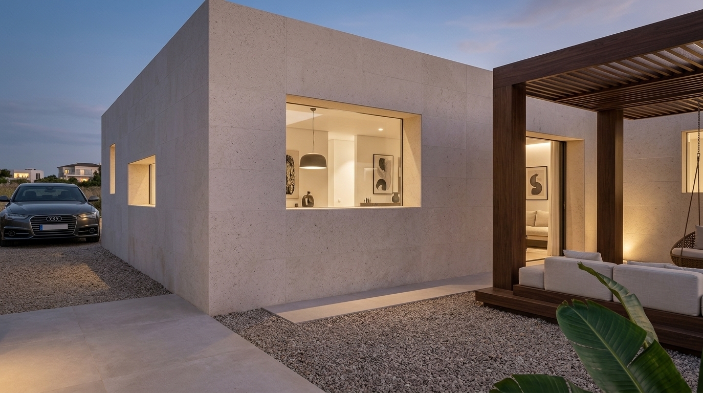 An incredibly lifelike, richly detailed, photorealistic wide-angle exterior shot of a luxury minimalist villa and designer outdoor garden retreat set in a private, high-end residential oasis. The scene is illuminated by soft ambient evening light complemented by discreet sculptural accent lighting, creating a serene, sophisticated, and intimately inviting atmosphere. Captured with a professional full-frame architectural camera and a 24mm tilt-shift lens, emphasizing the fine organic grain of the pearl and champagne-toned limestone walls, velvety ground textures, and tailored modern furnishings. The clean-lined monolithic architecture features deep geometric cutouts revealing subtle warm white interiors, curated decor, and abstract wall art framed within the airy openings. To the right, a refined slatted timber pergola in dark walnut provides an intimate outdoor sanctuary, complete with polished stone surfaces, tailored weather-resistant upholstered sofas in cream linen, slim matte-black metal accents, and lush, glossy tropical foliage framing the foreground. To the left, an understated modern luxury sedan rests gracefully beside a smooth paved walkway, completing a harmonious, highly polished scene worthy of a premier architectural photography book.