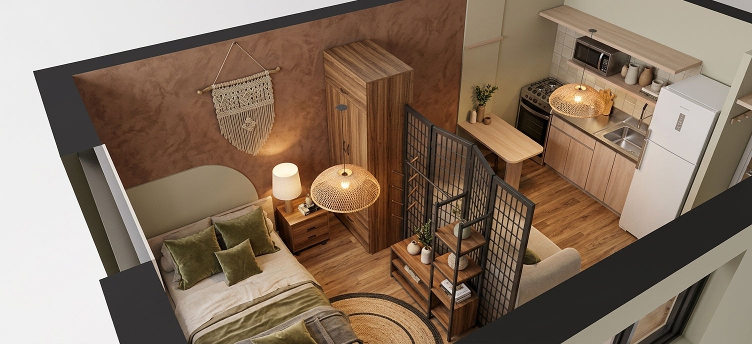 An incredibly lifelike, richly detailed, photorealistic elevated perspective cutaway of a cozy studio apartment designed as a tranquil bohemian oasis set in an urban loft context. The scene is illuminated by the warm, atmospheric glow of woven rattan pendant lights and soft ambient natural fill, creating an inviting, organic, and serene atmosphere. Captured with an architectural wide-angle lens, emphasizing tactile material textures, realistic surface reflections, and harmonious natural finishes. 

The feature long wall displays a textured, handcrafted *cravo da Índia* burnt cement finish, beautifully complemented by the calming *broto de feijão* neutral tone on adjacent surfaces. Front panels of the wardrobe and the multi-purpose desk exhibit the rich, authentic wood grain of *Nocce Milano*, while the kitchen's lower cabinetry and dining tabletop are smoothly rendered in a soft *Arupo* wood melamine. A delicate grid-pattern screen partition subtly demarcates the functional zones, framing a comfortable bed layered with soft natural linens and olive-green velvet pillows, all resting on warm oak-grain flooring alongside artisan macramé wall art.
