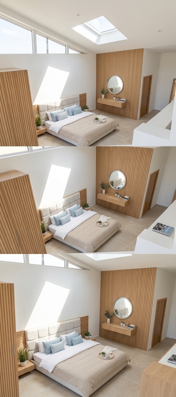 An incredibly lifelike, richly detailed, photorealistic high-angle interior shot of a coastal-inspired modern bedroom set in a serene seaside villa. The scene is illuminated by radiant, sun-kissed midday spring light spilling softly across the room, creating an airy, fresh, and blissfully relaxed atmosphere. Captured with a wide-angle architectural lens, emphasizing natural wood grains, crisp woven linens, and smooth matte surfaces. The space features an inviting king-sized bed layered in soft shades of blue, sandy neutrals, and white duvets, framed by a tailored padded headboard. To the side, warm fluted wood wall paneling supports an elegant floating vanity counter topped with a curated photography book, a round mirror, and delicate potted coastal plants, perfectly balancing modern simplicity with effortless, breezy beachside elegance.