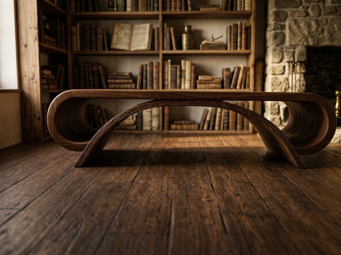 An incredibly lifelike, richly detailed, photorealistic eye-level interior shot of a bespoke sculptural curved sofa bench set in an atmospheric scholar’s study infused with French country and medieval charm. The scene is illuminated by warm, directional ambient light pouring softly from an adjacent window and a nearby stone hearth, creating an intimate, contemplative, and cozy mood atmosphere. Captured with a 50mm prime lens featuring a shallow depth of field, emphasizing the rich tactile wood grain along the textured dark oak inner arch, the silky smooth luster of the dark walnut outer frame, and a subtle, natural film grain. 

In the softly blurred background, towering rustic pine bookshelves are stacked with weathered, leather-bound antique tomes, aged parchment manuscripts, and patinated brass curiosities. Positioned thoughtfully atop hand-scraped, wide-plank dark wood flooring, the bench’s fluid, organic geometry creates a captivating visual balance against the rugged, historic architecture, effortlessly marrying avant-garde bentwood craftsmanship with timeless Old World sophistication.