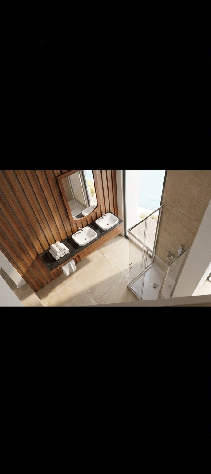 An incredibly lifelike, richly detailed, photorealistic high-angle interior photograph of a modern coastal bathroom set in a sunlit beachfront villa. The scene is illuminated by crisp, bright midday summer sunlight casting soft ambient reflections, creating an airy, light, and wonderfully relaxed coastal atmosphere. Captured with a wide-angle architectural lens, emphasizing the tactile grain of the slatted feature wall, the matte texture of the sandy-neutral large-format floor tiles, and the crystal-clear glass of the corner shower enclosure. Along the textured wall, an elegant floating vanity crafted from rich, warm wood is fitted with a sleek dark countertop and dual porcelain vessel sinks complemented by minimalist chrome faucets and a large framed vanity mirror. Fluffy rolled white towels and uncluttered surfaces evoke a fresh, casual luxury, tying together a harmonious palette of ocean blues, crisp whites, and warm sandy tones.