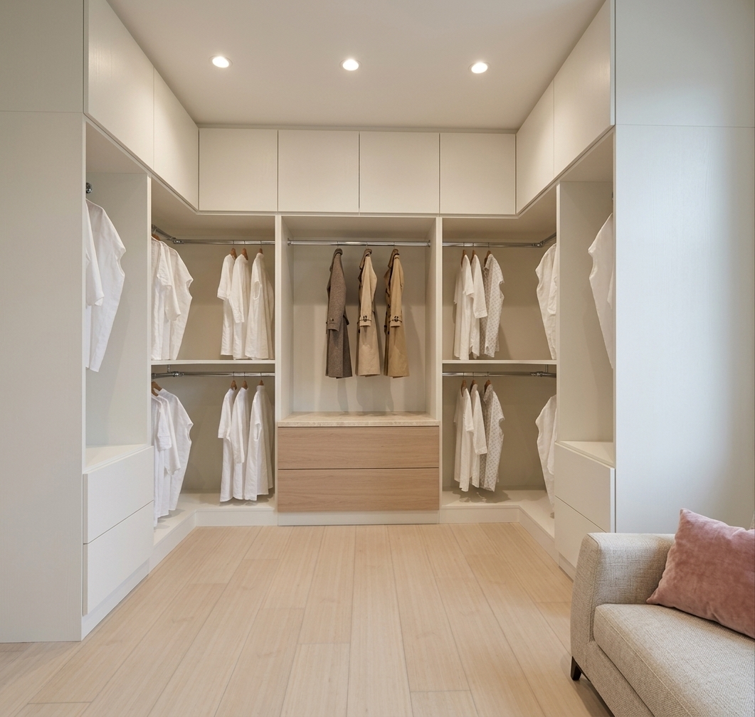 The photo captures a beautifully organized walk-in closet exuding contemporary elegance, presented with a pristine, almost architectural rendering quality. The space is bathed in a soft, even light from several recessed ceiling fixtures, illuminating the predominantly cream and off-white palette that defines the room's serene atmosphere. Light-toned wooden plank flooring extends across the entire space, adding warmth and a natural texture underfoot. The closet features a comprehensive, U-shaped or wraparound system of built-in cabinetry and open hanging rails, crafted from smooth, matte-finished materials in a subtle beige-cream tone. Upper cabinets provide discreet storage, while multiple metal rods showcase an array of neatly hung garments, primarily white shirts and dresses, interspersed with a focal point of three elegant beige trench coats hanging centrally. Below the trench coats, a sleek, minimalist central island or dresser with two drawers offers additional storage and a practical surface, maintaining the room's clean lines. To the right, partially visible in the foreground, an inviting upholstered sofa in a light, textured fabric, accented with a plush pink throw pillow, suggests a comfortable spot for dressing or relaxation, completing this vision of a highly functional yet luxuriously appointed private sanctuary.