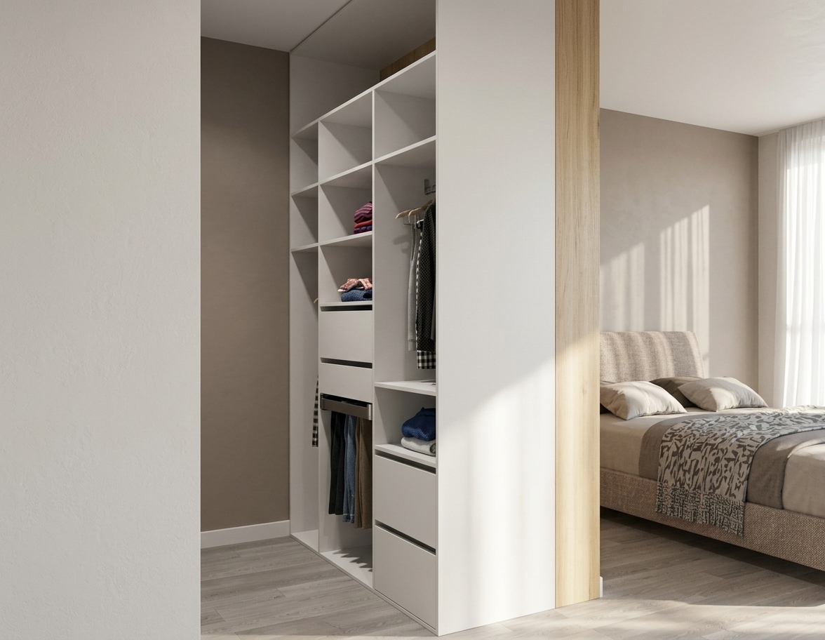 A clean architectural photograph of the modern bedroom and open wardrobe system illuminated by bright, natural midday summer sunlight. Soft, diffused daylight filters through the sheer curtains, casting gentle highlights and authentic soft-edged shadows across the matte white wardrobe finishes, light oak wood paneling, and pale wooden flooring. The folded fabrics, hanging garments, upholstered headboard, and bed linens display natural, tactile micro-textures. Shot with a professional interior lens, the image features balanced natural exposure, lifelike color temperature, crisp details, and subtle photographic depth.