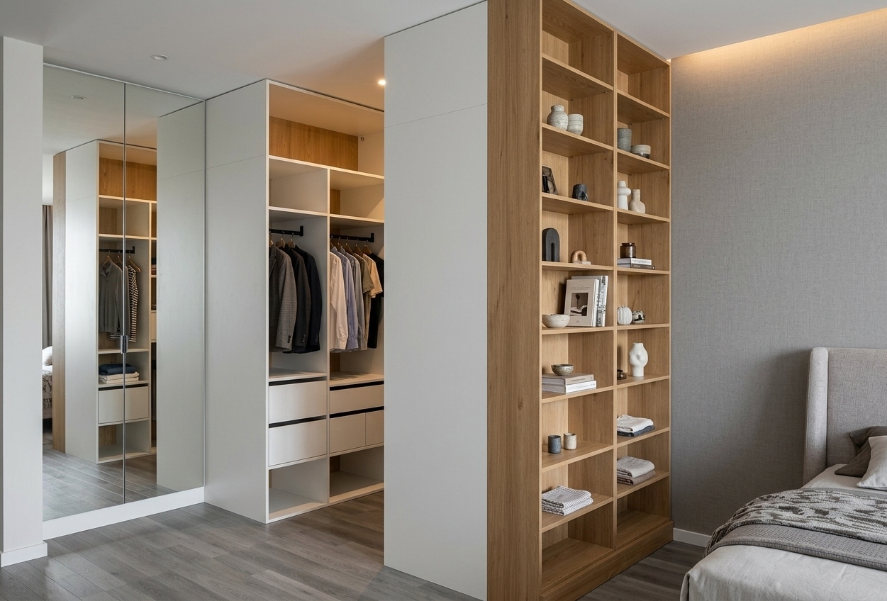 A crisp architectural photograph of the bedroom and walk-in wardrobe area, precisely maintaining the exact geometry, perspective, and structure. The tall natural oak shelving unit on the right is tastefully styled with books, ceramic decor, and small sculptural objects on its open shelves. Soft natural ambient daylight blends with warm interior accent lighting, casting realistic soft shadows across the light wood flooring, matte white laminate surfaces, and textured bed upholstery. The full-height mirrored closet door accurately reflects the illuminated space, captured with sharp focus, authentic material textures, and subtle natural film grain.