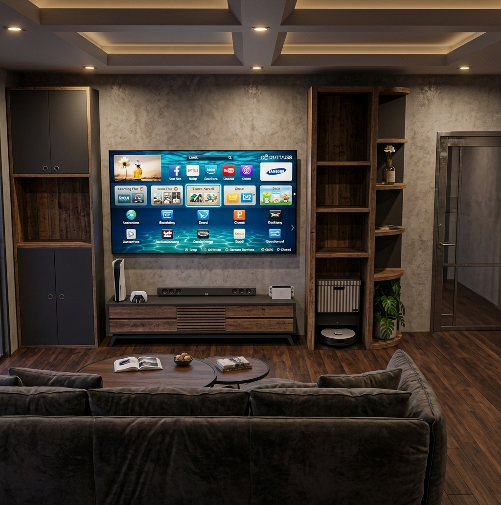 An incredibly lifelike, richly detailed, photorealistic eye-level interior shot of a sophisticated living room set in a modern industrial urban loft. The scene is illuminated by warm recessed architectural ceiling lights and the vibrant glow cast by the large wall-mounted smart television, creating an intimate, moody, and upscale evening atmosphere. Captured with a full-frame camera and a 35mm wide-angle lens, emphasizing the rich contrast between the textured concrete-look accent wall, sleek matte charcoal and reclaimed wood cabinetry, and rich dark walnut flooring. 

In the center, a low-profile media console neatly displays modern gaming consoles and a sleek soundbar directly beneath the widescreen display. Flanking the media center, tailored tall storage cabinets and tiered display shelving house delicate greenery, ambient diffusers, and an integrated smart vacuum dock. In the foreground, the plush, textured back of a deep charcoal sofa with crisp accent pillows frames a pair of contemporary round nesting coffee tables topped with an open photography book, establishing depth and seamless urban elegance throughout the space.