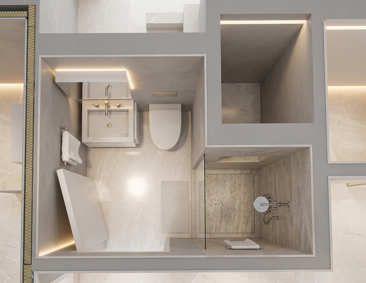 An incredibly lifelike, richly detailed, photorealistic top-down architectural floorplan photograph of a luxurious contemporary bathroom set in a high-end modern residence. The scene is illuminated by soft, recessed architectural lights and warm, indirect ambient backlighting, creating a serene, airy, and sophisticated atmosphere. Captured with a wide-angle architectural lens, emphasizing the polished pearl-colored stone flooring, refined soft gray walls, and subtle champagne and brushed-metal accents. The meticulously planned layout features a minimalist floating vanity with a sleek rectangular basin, an understated wall-mounted toilet, and a seamless frameless glass walk-in shower equipped with an elegant chrome shower fixture, epitomizing balanced, clean-lined elegance.