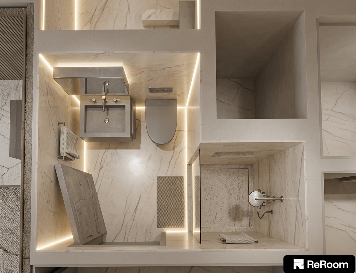 An incredibly lifelike, richly detailed, photorealistic top-down architectural cutaway view of a minimalist bathroom haven set in a luxury contemporary residence. The scene is illuminated by warm, concealed perimeter LED strip lighting and soft ambient glow, creating a serene, calm, and uncluttered atmosphere. Captured with a precision architectural lens on a medium-format camera, emphasizing the delicate veining across polished beige marble tiles, silky matte concrete wall finishes, and sleek brushed chrome plumbing fixtures. The streamlined spatial plan seamlessly zones a geometric floating washbasin, a modern wall-hung toilet, and a glass-partitioned walk-in shower lined with refined textured stone. Monochromatic tones of slate gray, cream, and soft off-white harmonize across clutter-free surfaces, embodying an elegant, Zen-inspired, functional interior sanctuary.