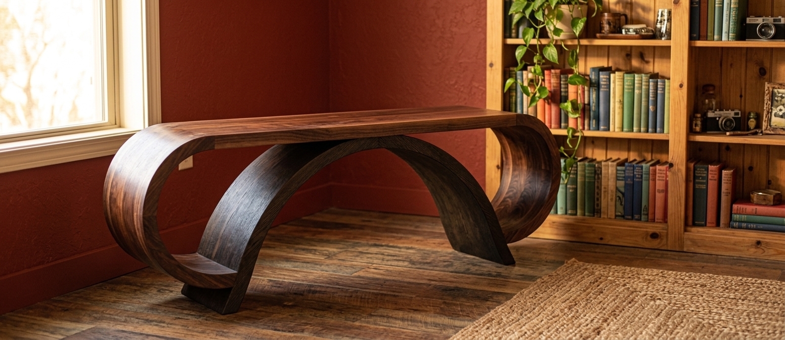An incredibly lifelike, richly detailed, photorealistic medium shot of a bespoke accent bench set in a warm, bohemian-chic study room. The scene is illuminated by soft, golden afternoon light cascading through a nearby window, creating an inviting, cozy, and sophisticated atmosphere. Captured with a 50mm f/1.8 lens, emphasizing the organic wood grains, matte finishes, and rich tactile contrasts. 

The custom bench features a smoothly contoured, pill-shaped seat rendered in deep, lustrous dark walnut, seamlessly juxtaposed against graceful, arched legs sculpted from solid dark oak. Positioned gracefully against richly textured, deep terracotta-red walls, the bench rests beside a tall, knotty pine bookshelf densely packed with colorful cloth-bound books, trailing indoor greenery, and vintage collectibles. The warm ambient glow casts gentle, soft-edged shadows across the floor, highlighting the fine woodworking craftsmanship and blending rustic country charm with curated bohemian elegance.