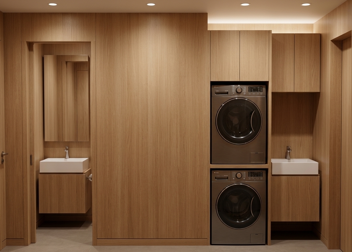An incredibly lifelike, richly detailed, photorealistic straight-on interior shot of a minimalist laundry and bathroom suite set in a modern contemporary residence. The scene is illuminated by soft, warm recessed downlights and gentle ambient cove illumination, creating a tranquil, spa-like atmosphere. Captured with a 35mm architectural lens, emphasizing the seamless vertical oak wood cladding that envelops the walls and custom-crafted flat-panel cabinetry. A high-end stacked washer and dryer with sleek, dark-tinted circular glass doors is neatly integrated into the bespoke timber millwork, surmounted by clean overhead storage cupboards. To the immediate right, a compact washing space features a pristine white undermount sink with a minimalist brushed-chrome faucet set into a matching wood-clad vanity, perfectly mirrored by a second serene powder room alcove on the left complete with a floating vanity and frameless vanity mirror.