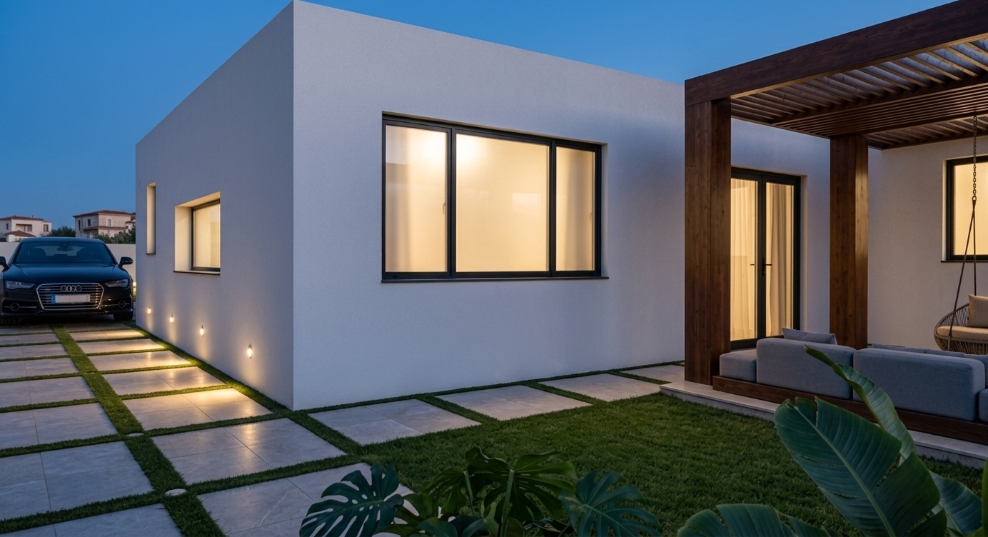 An incredibly lifelike, richly detailed, photorealistic exterior eye-level architectural shot of a minimalist modern villa's geometric facade and adjoining outdoor garden patio set in an upscale suburban enclave. The scene is illuminated by a deep twilight blue sky contrasted with the warm champagne luminescence filtering through frosted, black-framed windows and glowing ground-recessed LED uplights, creating a refined, balanced, and serene atmosphere. Captured with a high-resolution architectural tilt-shift lens, emphasizing the crisp texture of the pearl-white rendered walls, the rich grain of the dark-stained timber pergola, and the smooth stone pavers laid in a precise grid with lush green turf joints. To the right, an inviting covered terrace features tailored, soft gray upholstered lounge seating and a suspended swing chair beneath the slatted wooden canopy, accented naturally by broad tropical foliage in the immediate foreground, while a sleek luxury car parked on the polished driveway reinforces the clean-lined, sophisticated elegance of this contemporary retreat.
