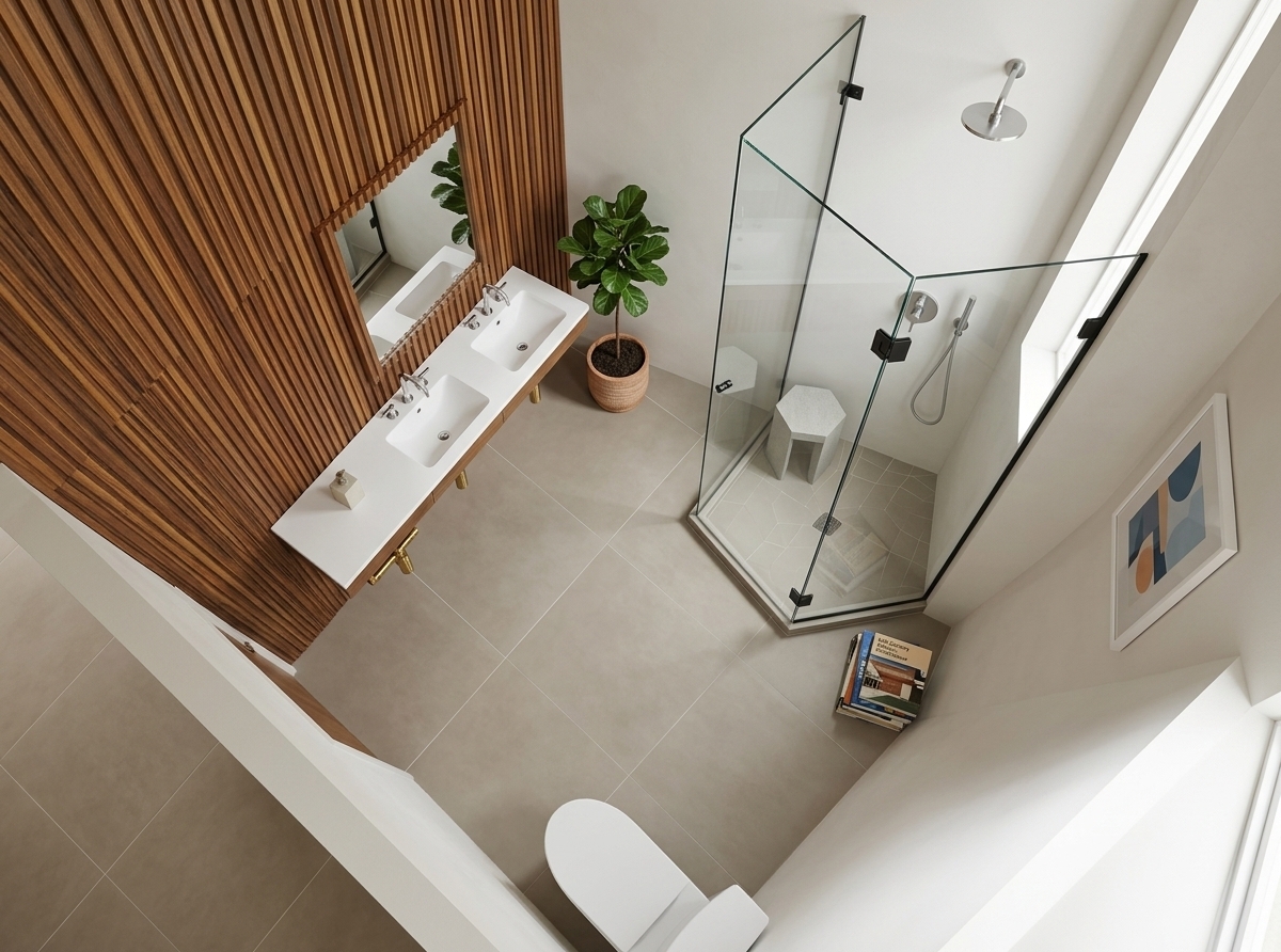 An incredibly lifelike, richly detailed, photorealistic high-angle interior shot of an ensuite mid-century modern bathroom set in a sunlit residential home. The scene is illuminated by bright, diffused midday spring sunlight, creating a crisp, calming, and functional atmosphere. Captured with a high-end architectural wide-angle lens, emphasizing rich linear vertical wall paneling, smooth porcelain tiles, and warm wood grains. 

Against the fluted accent wall, a floating teak and walnut vanity features twin sleek white sinks with elegant, minimalist faucets under an iconic framed mirror. The layout is thoughtfully uncluttered, complemented by a modern glass-framed corner shower enclosure and clean matte gray finishes. Accents of terracotta orange, muted blues, and natural earth tones bring warmth to the space, enriched by small touches like a potted indoor plant, subtle abstract geometric wall art, and a curated architectural photography book nearby, embodying a timeless, organic retro aesthetic.