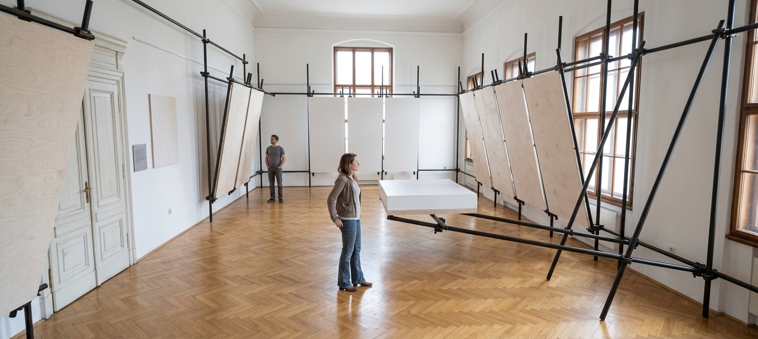 An incredibly lifelike, richly detailed, photorealistic wide-angle interior photograph of an evolving exhibition space set in a grand gallery with soaring white walls. The scene is illuminated by soft, natural daylight streaming through tall, arched wooden windows, creating a bright, serene, and minimalist atmosphere. Captured with a professional 24mm tilt-shift lens, emphasizing the fine, pale grain of blank white birch plywood boards securely mounted onto sleek, dark industrial scaffolding tubes, as well as the warm honey tones of a polished parquet floor below. In the center, a woman in casual attire pauses to assess the layout, while a man stands quietly in the background near the rear panels. Suspended cleanly from the scaffolding frame, a cantilevered low white plinth juts out into the open room, enhancing the uncluttered, architectural precision of this pristine, expectant sanctuary.