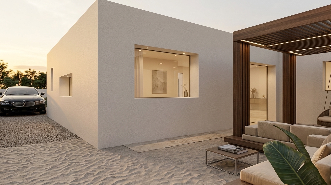 An incredibly lifelike, richly detailed, photorealistic wide-angle architectural shot of a modern villa's outdoor garden and lounge terrace set in a serene private sanctuary. The scene is illuminated by subtle recessed downlights and soft ambient evening glow, creating a tranquil, elegant, and sophisticated atmosphere. Captured with a high-resolution full-frame camera paired with a 24mm tilt-shift lens, emphasizing the refined tactile contrast between fine-textured plaster walls, rich natural timber, and manicured landscaping. The clean-lined, geometric architecture is enveloped in shades of warm white, pearl, and soft gray, complemented by crisp recessed apertures that reveal an understated, light-filled interior finished with polished stone surfaces, abstract wall art, and curated decor. Adjacent to the main volume, a slatted dark-wood pergola shelters a luxurious outdoor lounge featuring tailored upholstered furniture in champagne tones, slim metal accents, and a low table styled with a photography book. A pristine black luxury sedan rests in the softly lit driveway on the left, while sculptural tropical foliage in the foreground enhances the balanced, polished aesthetic of contemporary elegance.