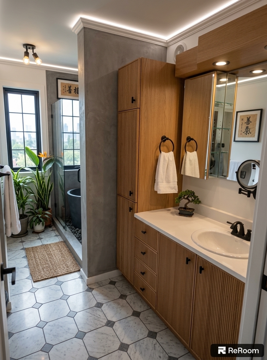 An incredibly lifelike, richly detailed, photorealistic wide-angle interior shot of a sleek modern fusion bathroom set in a luxurious urban loft penthouse. The scene is illuminated by soft, diffused natural daylight streaming through tall, black-trimmed geometric windows, paired with integrated recessed perimeter LED strips and warm vanity spotlights, creating a bold, sophisticated, and serene atmosphere. Captured with a 24mm architectural lens on a full-frame camera, emphasizing the tactile contrasts between silky smooth white quartz countertops, rich modular fluted natural oak cabinetry with matte black industrial hardware, and cool geometric hexagonal stone floor tiles. The reorganized space flows seamlessly toward an open-concept wet room framed by minimalist black steel and clear glass partitions, showcasing a deep charcoal soaking tub set against smooth concrete-finish walls and a bed of polished dark river stones. Vibrant, curated design accents—including a glossy architectural photography book resting near the vanity, a dynamic piece of monochrome abstract canvas art mounted on the wall, and lush potted tropical foliage—bring organic vitality and human-scale balance to the impeccably clean, contemporary lines of this elevated urban sanctuary.
