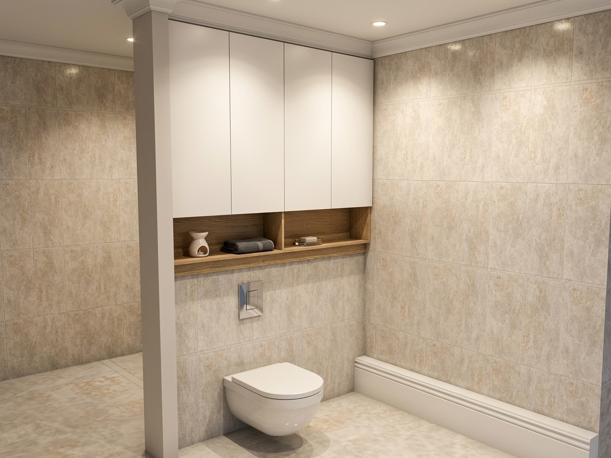 A photorealistic architectural interior photograph capturing the exact bathroom layout, enclosed by a finished matte white ceiling with recessed spotlights casting warm, focused illumination downward. The scene precisely preserves the glossy white wall-hung toilet, chrome flush plate, neutral-toned stone wall and floor tiles, and upper matte white cabinetry. The open wood shelf beneath the cabinets features neatly arranged bathroom accessories, including a subtle ceramic diffuser and a small folded towel, while realistic light bounce, delicate contact shadows, tactile material micro-textures, and crisp interior photographic focus complete the space.