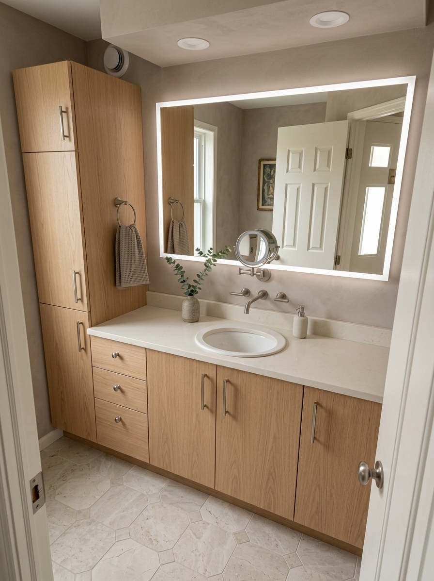 An incredibly lifelike, richly detailed, photorealistic wide-angle interior photo of a transformed bathroom vanity set in a serene minimalist haven. The scene is illuminated by discreet flush-mounted recessed ceiling lights and gentle ambient backlighting glowing around a large frameless LED mirror, creating an airy, spa-inspired atmosphere. Captured with a 24mm f/2.8 architectural lens, emphasizing the velvety matte texture of warm taupe limewash walls, the polished sheen of seamless ivory quartz countertops, and the organic tactile grain of natural white oak cabinetry. The bulky, dated overhead canopy has been completely eliminated to open up vertical space, making way for a sleek, streamlined aesthetic featuring handleless flat-panel drawers, a seamless undermount ceramic basin, and a refined brushed-nickel wall-mounted faucet. Large-format honed limestone floor tiles replace the old geometric flooring to expand the visual scale, while thoughtful accents—a minimalist ceramic soap dispenser, a neatly folded waffle-weave linen hand towel, and a single stem of eucalyptus in a stoneware vase—infuse the space with timeless tranquility and effortless functionality.