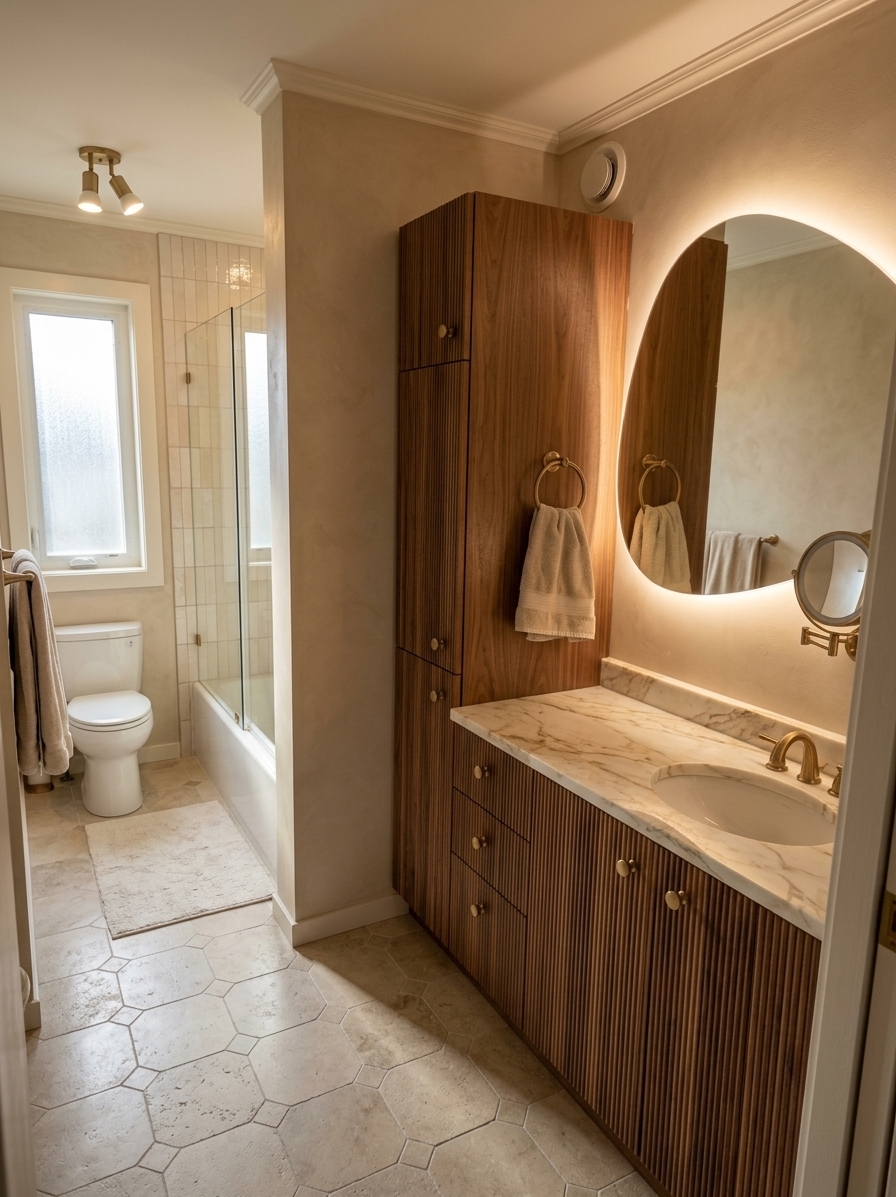 An incredibly lifelike, richly detailed, photorealistic wide-angle interior shot of a reimagined modern fusion bathroom set in a luxurious contemporary residence. The scene is illuminated by soft morning sunlight streaming through a frosted architectural window and complemented by the warm ambient glow of an oversized, organically shaped backlit LED mirror, creating a tranquil, spa-inspired atmosphere. Captured with a 24mm tilt-shift architectural lens, emphasizing the tactile textures of fluted walnut wood, polished Calacatta gold marble countertops, and seamless warm-toned microcement walls. The outdated upper cabinetry and heavy soffit have been completely removed to dramatically heighten and open the room, allowing the clean lines of a floating timber vanity and brushed brass gooseneck fixtures to take center stage. Grounded by large-format limestone floor tiles, the space transitions effortlessly into a curbless walk-in shower enclosed by ultra-clear frameless glass and lined with vertically stacked cream zellige tiles, delivering a perfectly harmonious fusion of organic warmth and sleek modern sophistication.