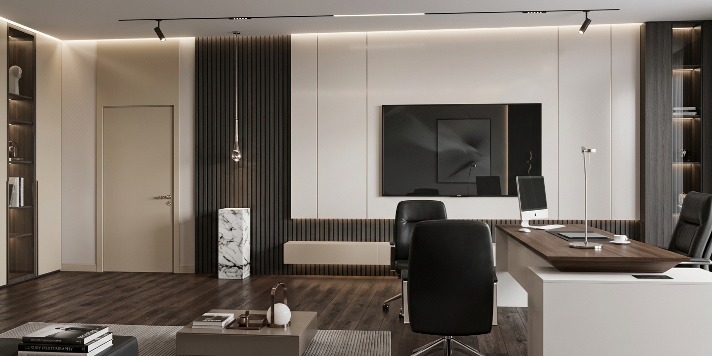 An incredibly lifelike, richly detailed, photorealistic wide-angle interior shot of a sophisticated executive home office set in an upscale modern residence. The scene is illuminated by precision ceiling track spotlights, subtle integrated LED coves, and a delicate sculptural drop pendant, creating a refined, balanced, and serene atmosphere. Captured with a full-frame camera and a 35mm architectural lens, emphasizing smooth pearl and champagne-toned wall panels, rich charcoal fluted wood, polished Calacatta marble surfaces, tailored black upholstered seating, and slim metallic accents. Across the dark hardwood floors, the clean-lined executive desk showcases an understated, clutter-free setup with high-end tech, while the foreground lounge space features a low-profile coffee table styled with curated decor and a luxury photography book, completing an ambiance of effortless contemporary elegance.