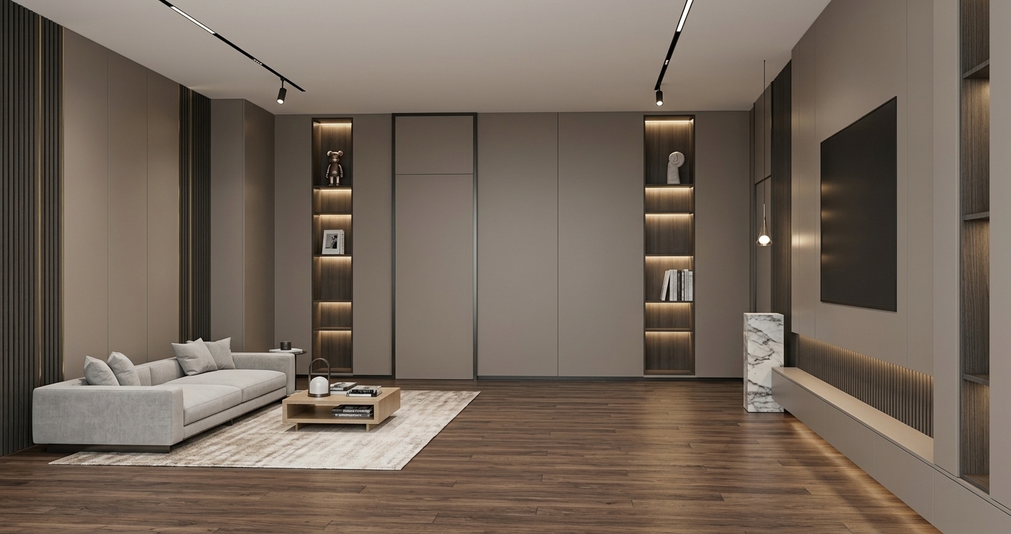 An incredibly lifelike, richly detailed, photorealistic wide-angle interior shot of a sophisticated lounge and home office space set in an upscale modern residence. The scene is illuminated by minimalist ceiling track lights, recessed strip lighting, and warm ambient accents, creating an elegant, airy, and serene atmosphere. Captured with a professional 24mm architectural lens, emphasizing the rich contrast between the dark plank wood flooring, matte taupe wall panels, and vertical charcoal accents with slim metallic reveals. A tailored light-gray upholstered sofa with plush cushions rests upon a soft area rug, facing a low-profile coffee table styled with curated photography books and a modern lantern. Symmetrical recessed alcoves display minimalist art figurines, while a dramatic polished marble plinth and a sleek media console anchor the room in refined, contemporary elegance.