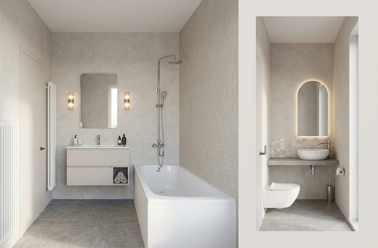 A bright, professional architectural photograph capturing the exact bathroom scene illuminated by soft, diffuse midday spring light. The beige plaster and subtle textured wall finishes display delicate micro-textures, while the polished chrome fixtures, white ceramic sink, and bathtub show clean, realistic reflections and natural highlights. The ambient lighting gently emphasizes the warm glow from the wall sconces and backlit arched mirror, creating realistic contact shadows beneath the floating vanity and fixtures, all rendered with sharp focus, true-to-life surface details, and neutral color balance.