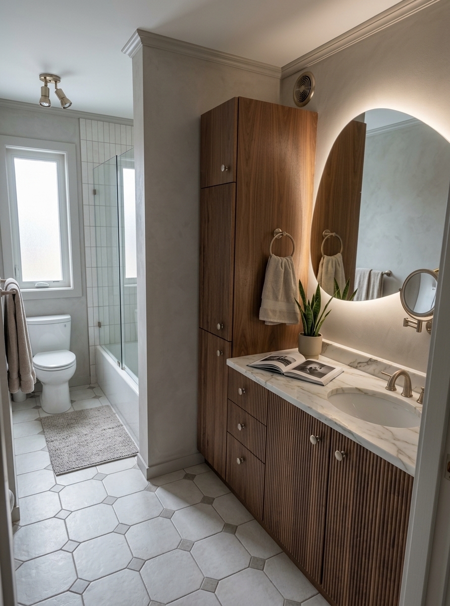 An incredibly lifelike, richly detailed, photorealistic wide-angle shot of a reimagined minimalist bathroom haven set in an elegant, modern residential sanctuary. The scene is illuminated by soft, diffused natural daylight filtering through a tall frosted window, harmoniously blended with gentle halo backlighting from an asymmetrical organic mirror, creating a deeply serene, Zen-inspired atmosphere. Captured with a 24mm f/2.8 wide-angle lens on a high-resolution full-frame camera, emphasizing the tactile fluted walnut grain of the streamlined vanity cabinet, the silky honed finish of the Calacatta marble countertop, and the muted, velvety texture of soft gray-beige micro-cement walls. The layout celebrates clean architectural proportions and clutter-free surfaces, featuring sleek brushed champagne-bronze fixtures, a frameless glass-enclosed shower, a pristine sculptural white basin, a single architectural indoor plant in a matte ceramic pot, and a curated monochrome photography book delicately placed near subtle abstract wall art to effortlessly anchor this functional, peaceful retreat.