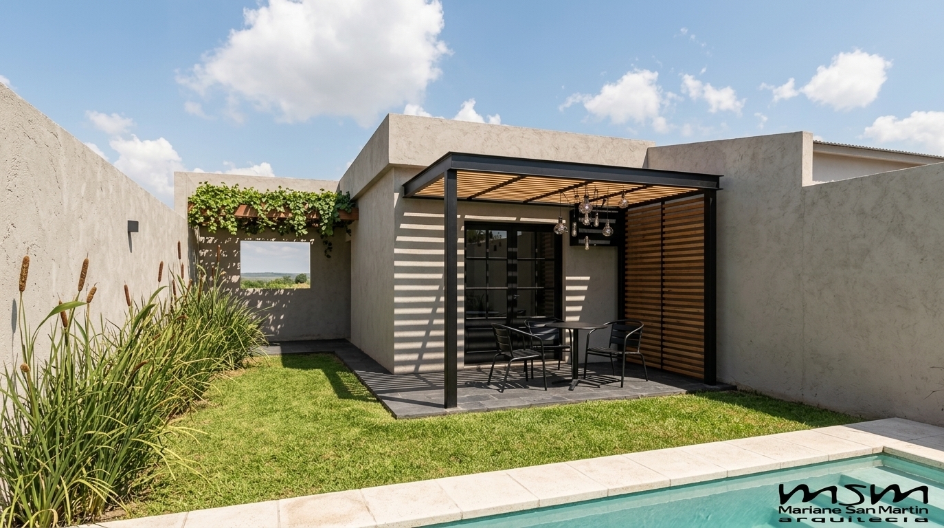 An incredibly lifelike, richly detailed, photorealistic wide-angle eye-level architectural photo of a modern backyard patio and outdoor pool area set in a sun-drenched private courtyard. The scene is illuminated by bright, direct afternoon sunlight casting dramatic, crisp geometric shadows through slatted screens, creating an inviting and sophisticated atmosphere. Captured with a professional full-frame camera and a 24mm architectural tilt-shift lens, emphasizing the rough-textured perimeter plaster, matte black steel framing, and the natural warmth of slatted timber. In the foreground, the crystal-clear turquoise waters of the swimming pool reflect the soft daylight, framed by smooth stone coping that transitions into a vibrant green lawn bordered by wild ornamental grasses. A sleek, industrial-inspired black pergola with warm wood slats extends from the minimalist stucco pavilion, sheltering a chic metal bistro set upon dark stone pavers. Lush climbing vines atop an accent alcove bring organic softness to the rugged, warehouse-inspired metal lines, seamlessly integrating contemporary outdoor leisure with urban architectural elegance.