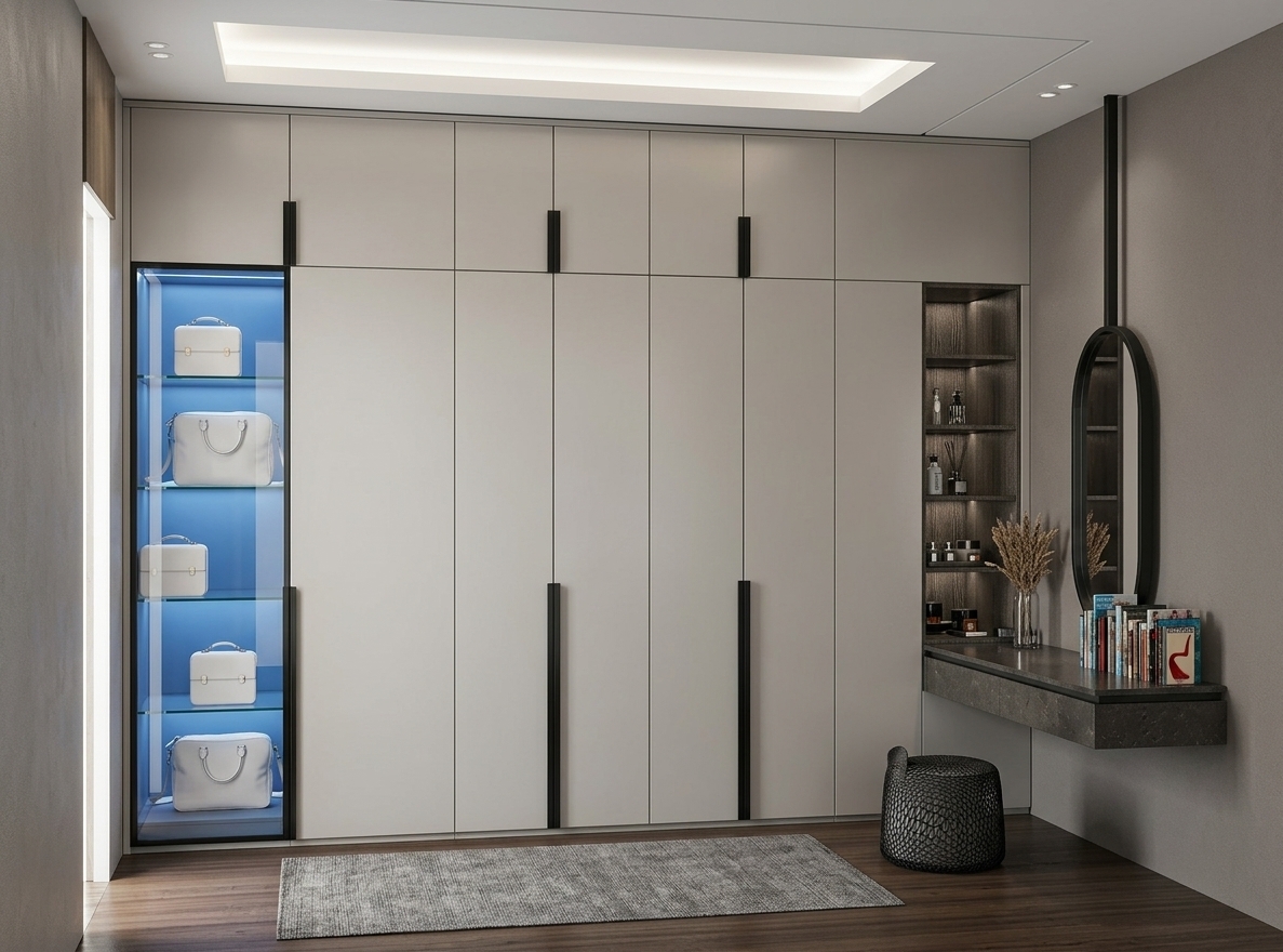 Photorealistic architectural photograph of the modern walk-in closet, maintaining the exact layout, geometry, and framing from the reference image. The space is filled with bright, soft natural daylight blended seamlessly with warm recessed ceiling lighting and cool integrated LED illumination inside the glass bag display cabinet. Cabinetry is rendered with smooth matte off-white finishes and sleek black accents, set against rich dark wood flooring and a low-pile rug. Captured with a sharp architectural lens, featuring balanced dynamic range, true-to-life reflections on the glass and mirror, authentic material textures, and soft, natural contact shadows.