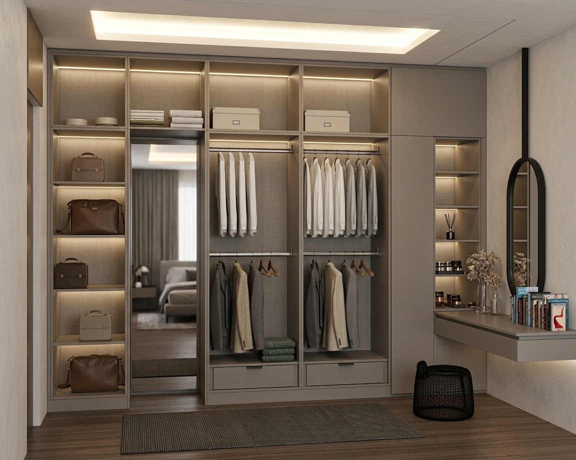 A crisp architectural photograph of the modern open-concept walk-in closet, perfectly preserving the exact layout, geometry, and composition from the scene. The space is illuminated by soft, recessed ceiling lighting and warm, integrated cabinet LEDs, casting gentle contact shadows across the dark wood flooring and matte gray cabinetry. Realistic fabric folds and micro-textures define the hanging clothes, while smooth leather handbags, storage boxes, and vanity accessories exhibit natural surface finishes and authentic specular highlights. Captured at eye level on a 35mm lens, the image features balanced exposure, clean reflections in the oval vanity mirror, and subtle, photorealistic depth of field.