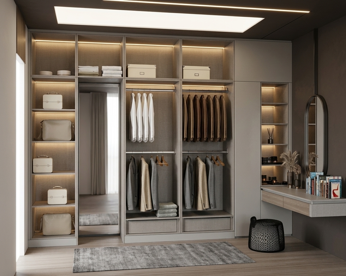 A crisp architectural photograph of the modern contemporary walk-in closet, perfectly maintaining the exact geometry, layout, and placement shown in the image. Bright, soft ambient daylight gently fills the room, balanced with warm glowing LED light from the ceiling cove and interior wardrobe compartments. The surfaces feature realistic matte grey finishes, natural dark wood flooring, and authentic textures on the hanging garments, leather handbags, and vanity decor. Captured with a professional wide-angle interior lens, exhibiting sharp depth of field, natural contact shadows, realistic mirror reflections, and subtle light bloom without altering any structures or materials.