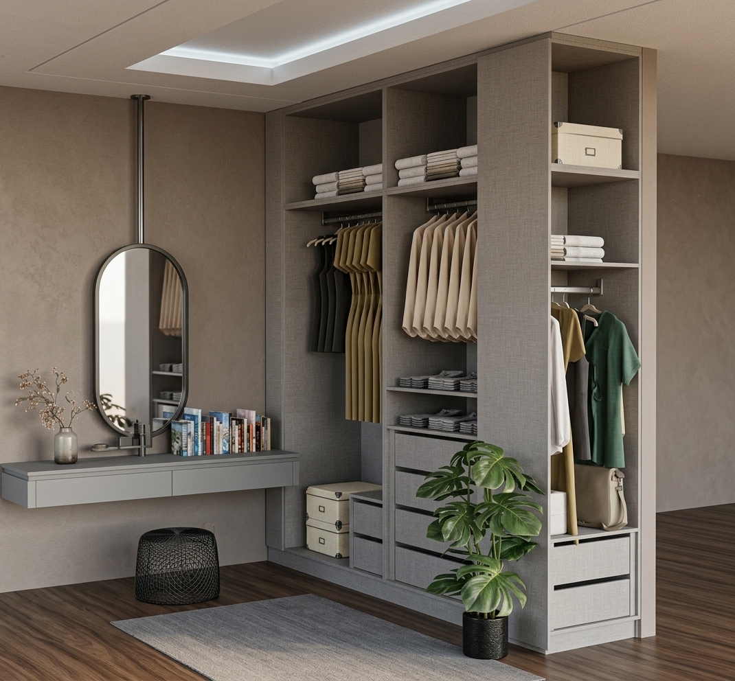 A photorealistic interior photograph of this modern contemporary walk-in closet, illuminated by bright, warm natural daylight casting soft highlights and gentle shadows throughout the space. The taupe walls feature a fine matte texture, the wardrobe units showcase smooth light-grey laminate finishes, and the dark floor displays realistic wood grain reflections. Hanging garments and folded linens have authentic fabric weaves, the oval mirror reflects clean ambient light, and the potted monstera shows natural, waxy leaf details. Captured on a sharp architectural lens with balanced exposure, warm color temperature, and subtle photographic depth.