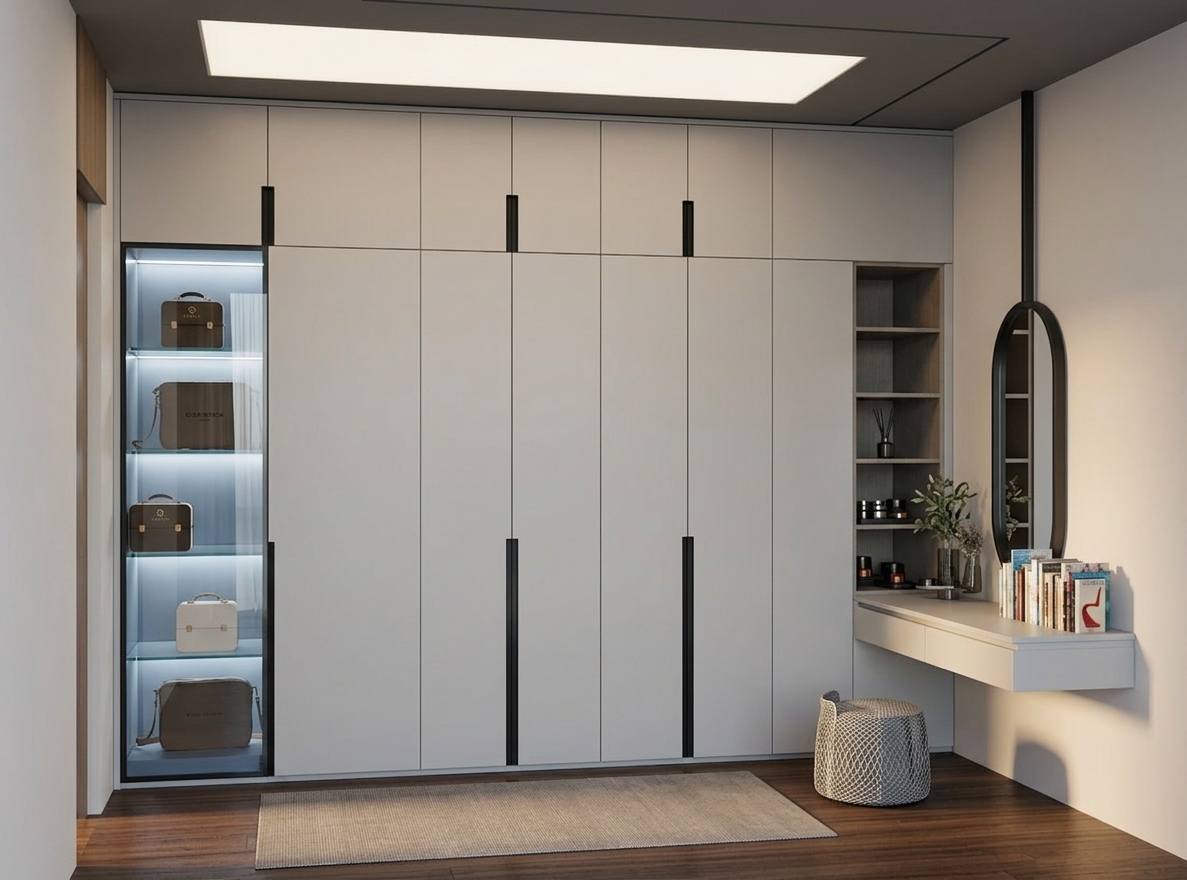 An architectural interior photograph capturing the modern built-in wardrobe and vanity area with exact proportions and layout preserved. The tall, matte off-white closet doors feature sleek black handles, adjacent to an illuminated glass display cabinet on the left revealing luxury handbags on glass shelves. The floating vanity desk on the right holds neatly stacked books, cosmetics, and a dried floral arrangement beneath an elongated oval mirror suspended from the ceiling. A warm ambient glow from the recessed ceiling light softly illuminates the dark hardwood floor, grey floor mat, and black textured ottoman, creating realistic material reflections, subtle soft shadows, and clean photographic depth.