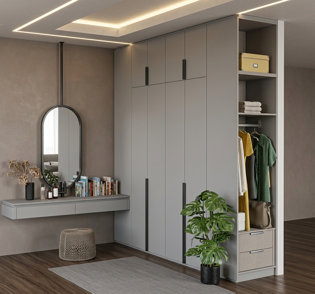 A clean architectural photograph of the bedroom dressing area, shot with a 35mm lens under warm ambient recessed ceiling lighting and soft diffused daylight. The tall light-gray wardrobe features smooth matte laminate surfaces with slim black handles, flanked by an open organizer displaying realistic fabric textures on hanging clothes, folded linens, and storage boxes. To the left, the floating vanity shelf, dark wood flooring, woven mesh ottoman, and ceiling-hung oval mirror with sharp reflections maintain their exact shapes against the earthy taupe wall. Crisp material physics on the vibrant green monstera foliage, books, and subtle ambient shadows render the scene into an authentic, photorealistic interior photograph.
