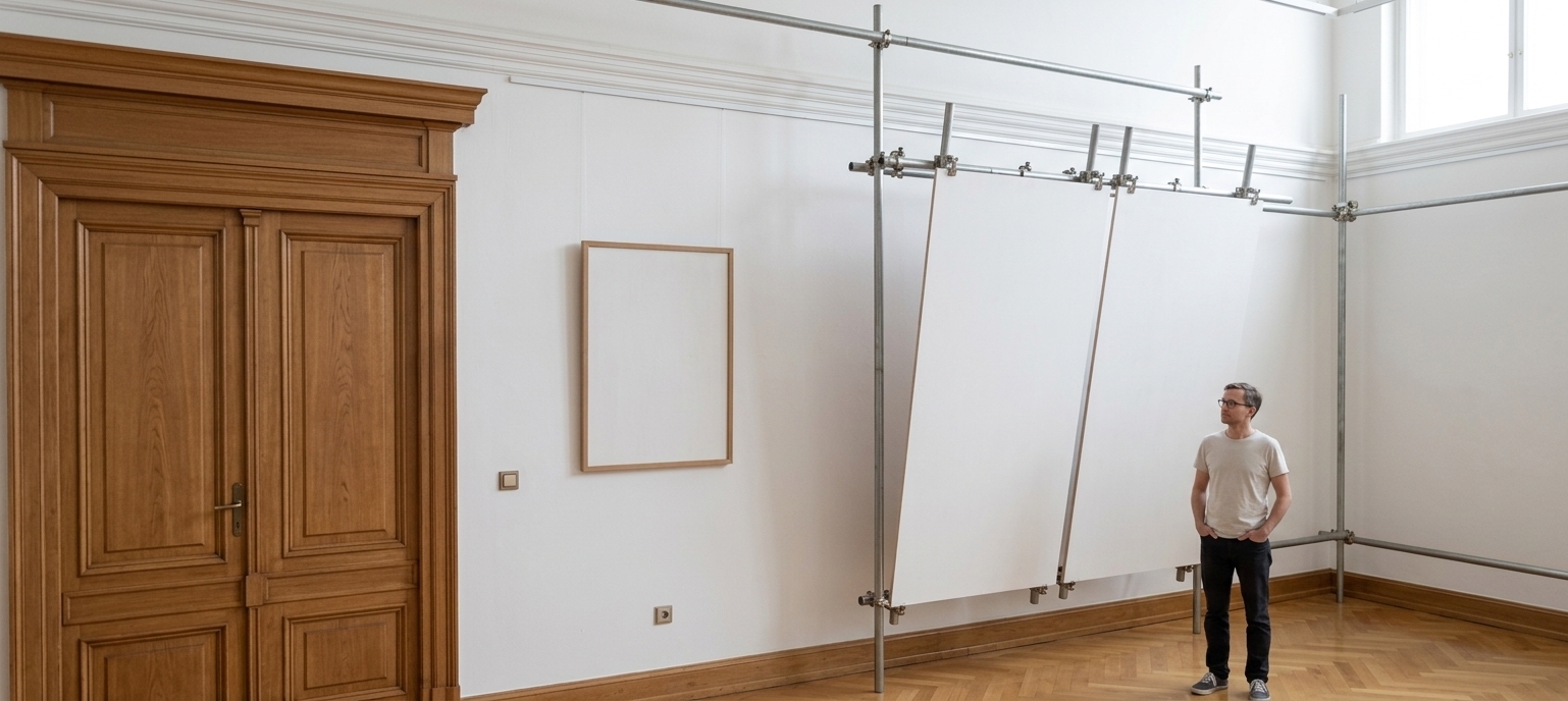 An incredibly lifelike, richly detailed, photorealistic wide-angle interior shot of an exhibition space under preparation set in a bright, airy gallery room. The scene is illuminated by soft, diffused natural daylight streaming through unseen high windows, creating a calm, minimalist haven atmosphere. Captured with a 24mm tilt-shift lens on a full-frame camera, emphasizing the crisp architectural lines, warm wood grains, and industrial metal fixtures. The polished honey-toned parquet floor stretches across the gallery, reflecting subtle ambient light and complementing the pristine matte white walls. On the left, classical wooden doors with elegant molded panels add historic charm, while a contemporary installation of brushed steel scaffolding tubes supports large, pristine white birch plywood boards clamped in place and angled slightly back, currently blank and awaiting curated displays. A casually dressed man with glasses stands beside the freestanding display structure with hands in his pockets, grounding the expansive, serene space in human scale.