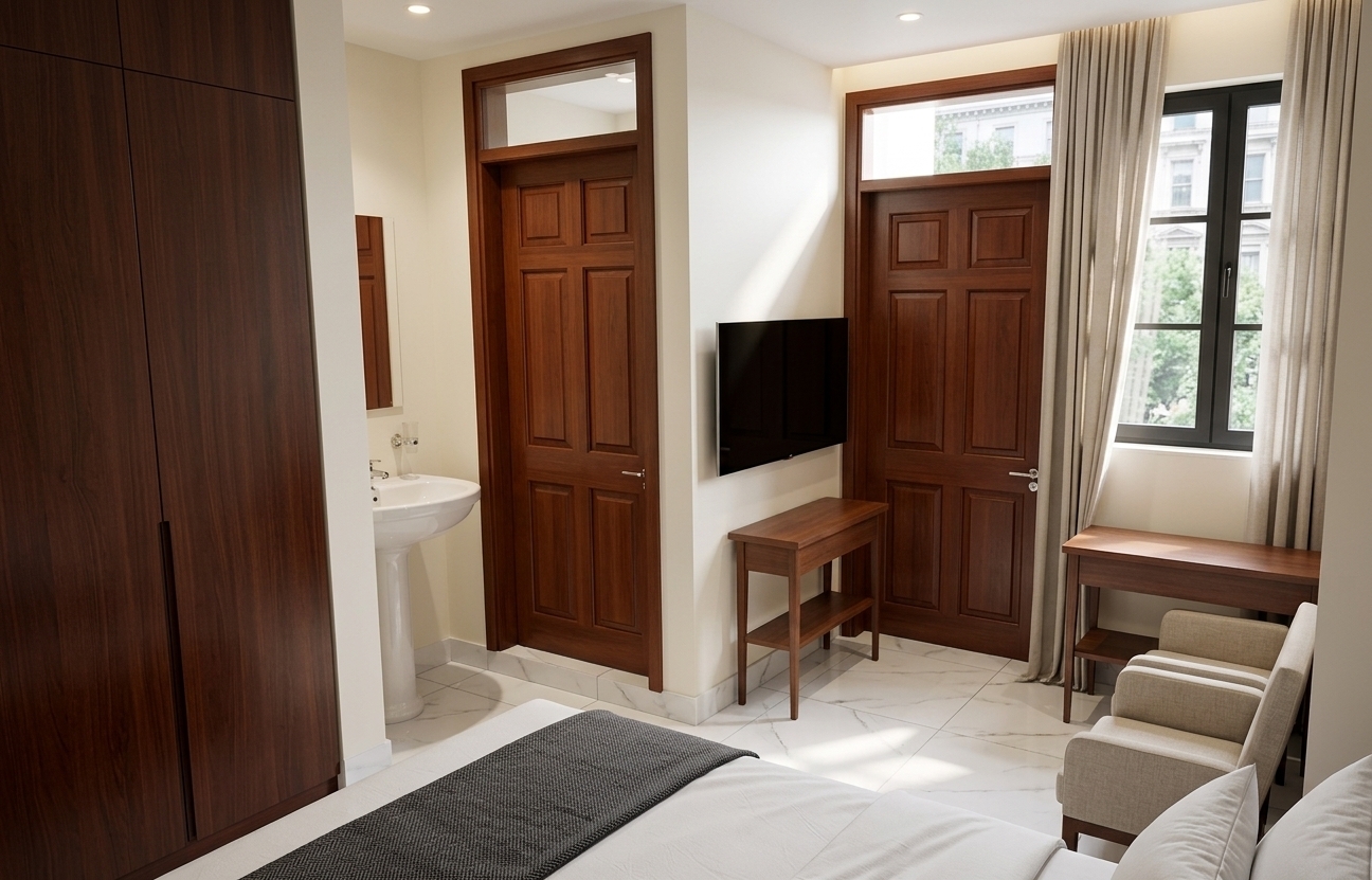 An incredibly lifelike, richly detailed, photorealistic wide-angle interior shot of an elegant hotel suite set in a bright, tranquil urban retreat during a spring midday. The scene is illuminated by radiant, diffused natural daylight streaming through the window alongside gentle warm recessed lighting, creating a luxurious and serene atmosphere. Captured with a professional 24mm tilt-shift architectural lens, emphasizing the deep luster of polished surfaces, fine joinery, and plush textile textures.

The room features smooth walls coated in a pristine, bright cream finish, enhancing the expansive sense of light. Beneath, the floor is paved with glossy, large-format white porcelain tiles subtly tainted with soft grey veining that mirror gentle ambient reflections. The left side showcases a beautifully crafted, seamless built-in wardrobe with a rich, dark mahogany finish, standing adjacent to a modern ceramic pedestal sink with polished chrome hardware. Classic raised-panel doors crafted from warm mahogany timber are framed with clear glass transom lights above. Centrally, a sleek, ultra-thin contemporary flat-screen TV is seamlessly mounted above a streamlined minimalist wooden console table. Beside it, the dark-framed window is elegantly softened by flowing neutral curtains drawn neatly to one side, casting soft shadows across a modern secondary console desk and a pair of chic, stylish armchairs upholstered in tailored linen. In the crisp foreground, a neatly dressed bed features stylish, high-thread-count white linens layered with a textured accent throw, completing the room’s contemporary elegance.