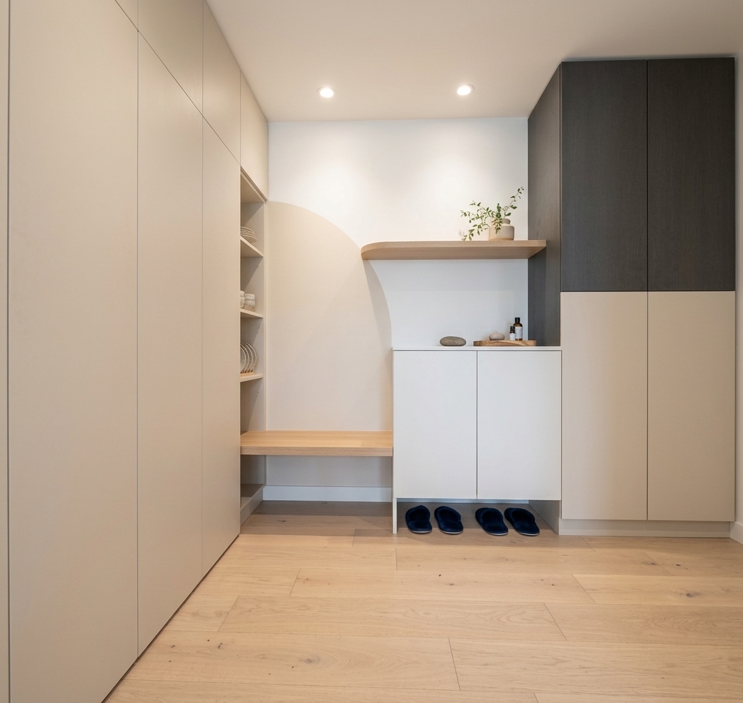 An incredibly lifelike, richly detailed, photorealistic wide-angle interior shot of a minimalist mudroom and entryway set in a serene contemporary home. The scene is illuminated by warm, flush-mounted recessed ceiling spotlights paired with soft ambient daylight, creating a tranquil, functional, and uncluttered atmosphere. Captured with a 35mm architectural lens at eye level, emphasizing ultra-matte cabinetry textures, seamless joinery, and the soft grain of pale Nordic oak flooring. 

Spanning the left wall is a continuous bank of custom, full-height flat-panel storage in a gentle oatmeal tone, transitioning smoothly into a recessed changing nook with an integrated bench and open shelving. The backdrop features a graceful, pastel-beige painted arch motif on crisp white walls, complementing a floating display shelf adorned with a delicate potted botanical cutting. A clean-lined low white shoe cabinet rests centrally with organized navy slippers tucked beneath its floating base, while a curated wooden styling tray with organic accents sits neatly atop its surface. To the right, tall two-tone modular cabinetry balances the composition, delivering an elegant, zen-inspired harmony of clean lines and understated luxury.