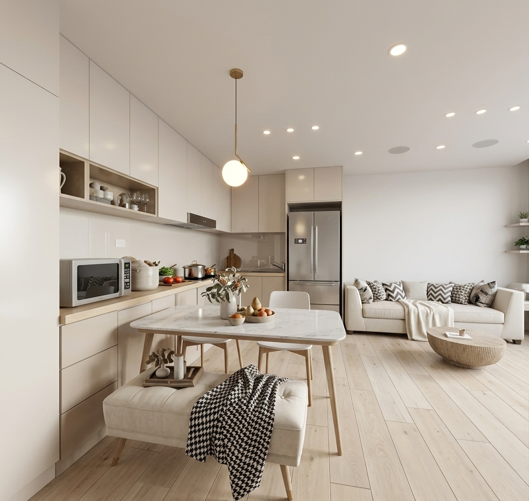 An incredibly lifelike, richly detailed, photorealistic wide-angle interior shot of a contemporary open-concept dining and kitchen space set in a bright, modern luxury apartment. The scene is illuminated by soft, diffused natural light seamlessly blended with warm recessed ceiling downlights and a delicate, sculptural brass pendant lamp, creating an airy, refined, and inviting atmosphere. Captured with an architectural 24mm tilt-shift lens, emphasizing honed marble textures, tailored upholstery, and sleek satin-finish surfaces. 

In the foreground, an elegant dining table with a rounded white marble top is complemented by minimalist dining chairs and a plush, button-tufted bench dressed with a graphic houndstooth throw. Adjacent is a linear, clean-lined kitchen finished in soft pearl and champagne tones, showcasing integrated appliances, pristine polished countertops, and subtle open shelving. In the seamless background, the light-filled living area unfolds with a tailored cream sofa adorned with geometric accent pillows and a low sculptural coffee table resting gracefully on pale hardwood floors, epitomizing understated contemporary elegance.