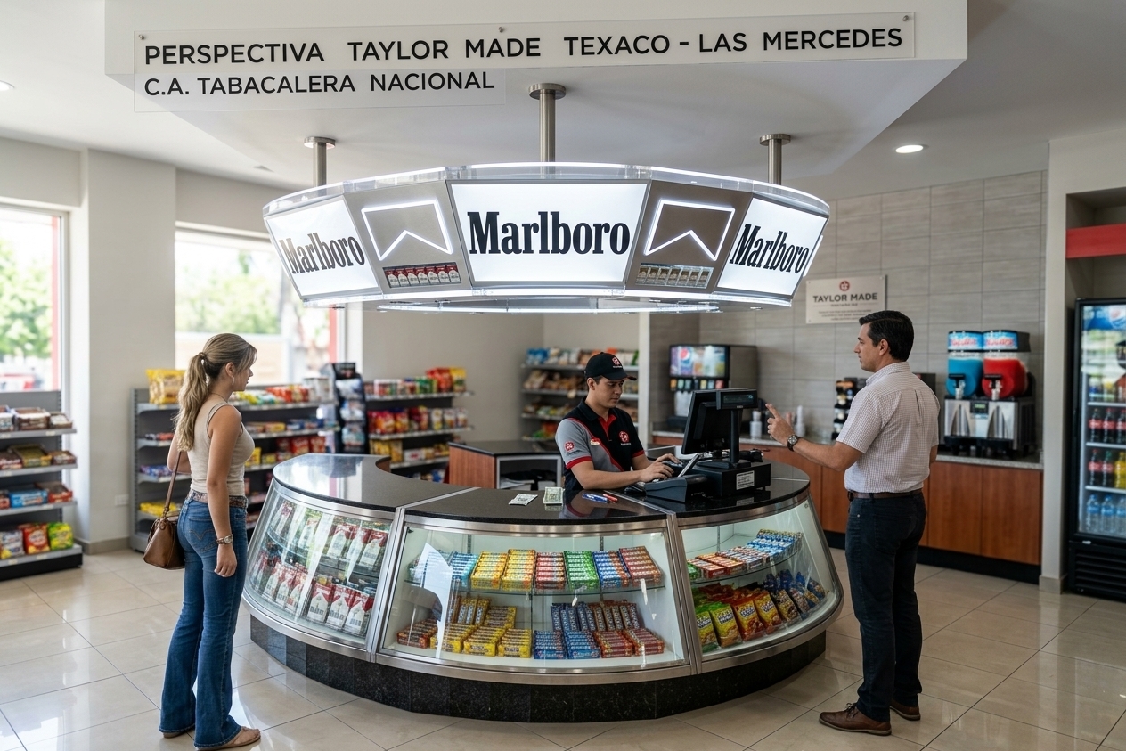 An incredibly lifelike, richly detailed, photorealistic medium-wide interior shot of a bespoke semicircular retail cashier island set in a modern Texaco minimarket on a bright summer midday. The scene is illuminated by crisp, cool-white ambient lighting paired with bright internal glow radiating from the translucent acrylic Marlboro overhead canopy, creating a clean, vibrant, and contemporary commercial atmosphere. Captured with a professional 35mm f/2.8 lens on a full-frame camera, emphasizing the high-gloss sheen of the polished black granite countertops and baseboard trim, the pristine clarity of the curved lower display cases filled with neatly arranged colorful candies, and the realistic textures of the integrated cigarette dispensers above. At the center, an attendant in a branded uniform operates the register while actively engaging a standing customer in a collared shirt, with a casually dressed female customer waiting nearby on the tiled floor, creating an authentic, snapshot-in-time retail experience.