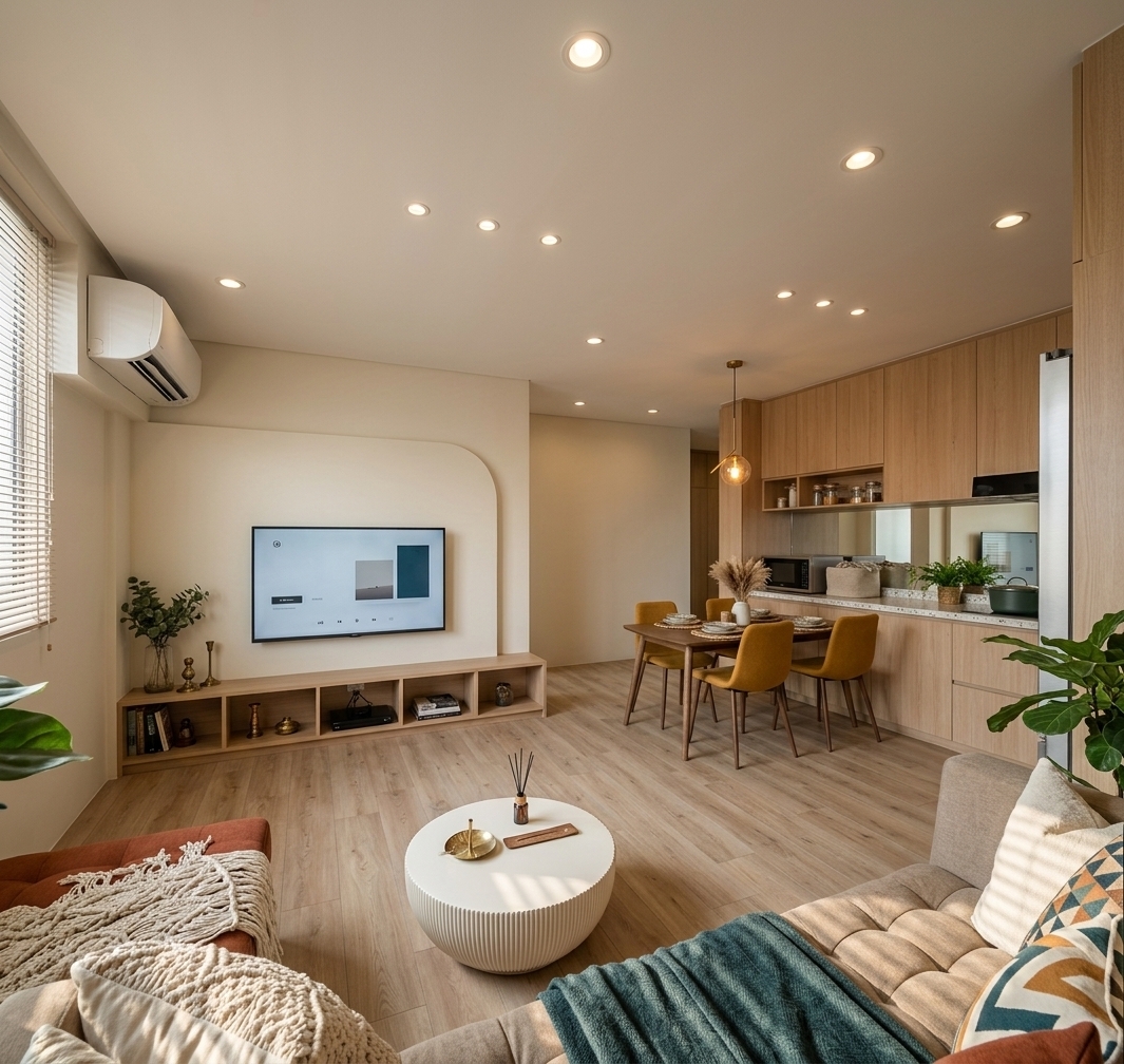 An incredibly lifelike, richly detailed, photorealistic wide-angle interior shot of a vibrant, bohemian oasis living and dining area set in a sunlit open-plan apartment. The scene is illuminated by soft, natural daylight filtering through side blinds complemented by warm, recessed ceiling pot lights, creating an inviting, free-spirited, and relaxed atmosphere. Captured with a full-frame camera and a 24mm architectural lens, emphasizing tactile textures and handcrafted details, the space is layered with a rich palette of warm rust, mustard, deep teal, and earthy neutrals. A sleek, curved accent wall holds a mounted flatscreen above a low console adorned with vintage-collected trinkets and curated photography books, while lush potted plants and pampas grass breathe organic vitality into the room. In the foreground, a tufted sofa dressed with textured macrame and geometric throw pillows sits opposite a fluted white coffee table on light wood-plank floors, leading the eye toward an elegant dining table and a streamlined modern kitchen bathed in clean, bright finishes.